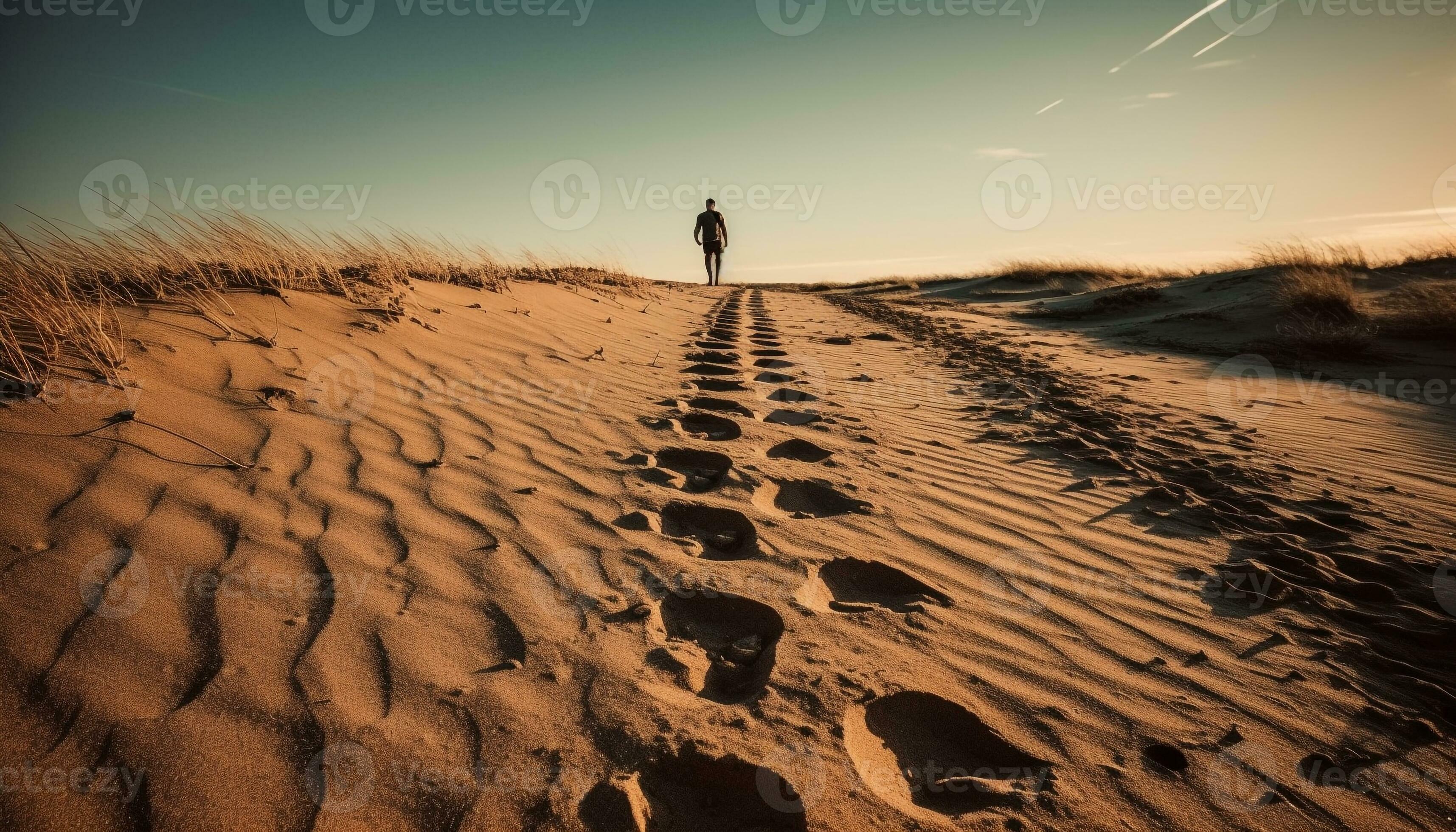 One person walking on sand dune at sunset, exploring nature generated