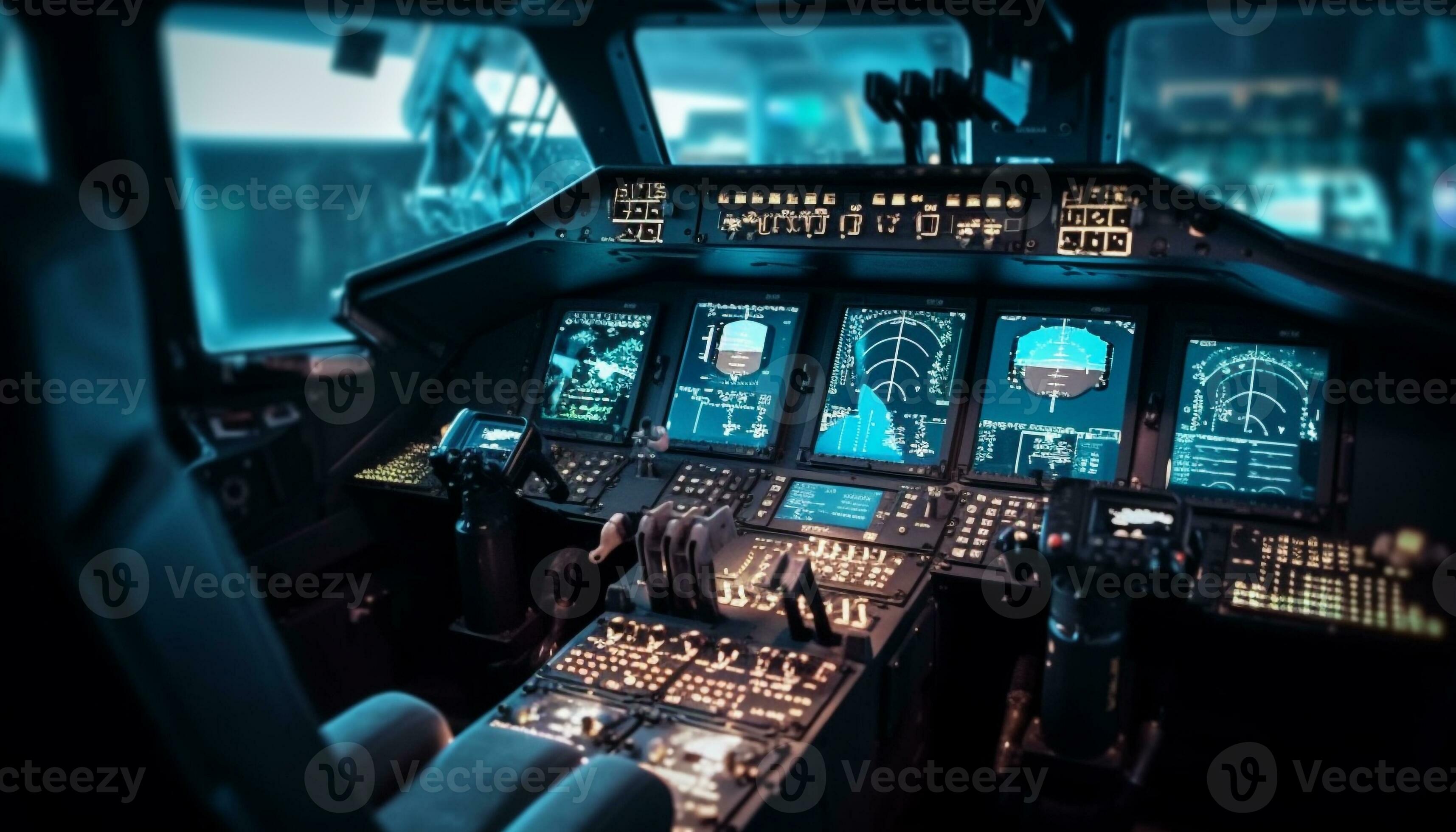 Commercial airplane cockpit complex equipment, illuminated dashboard