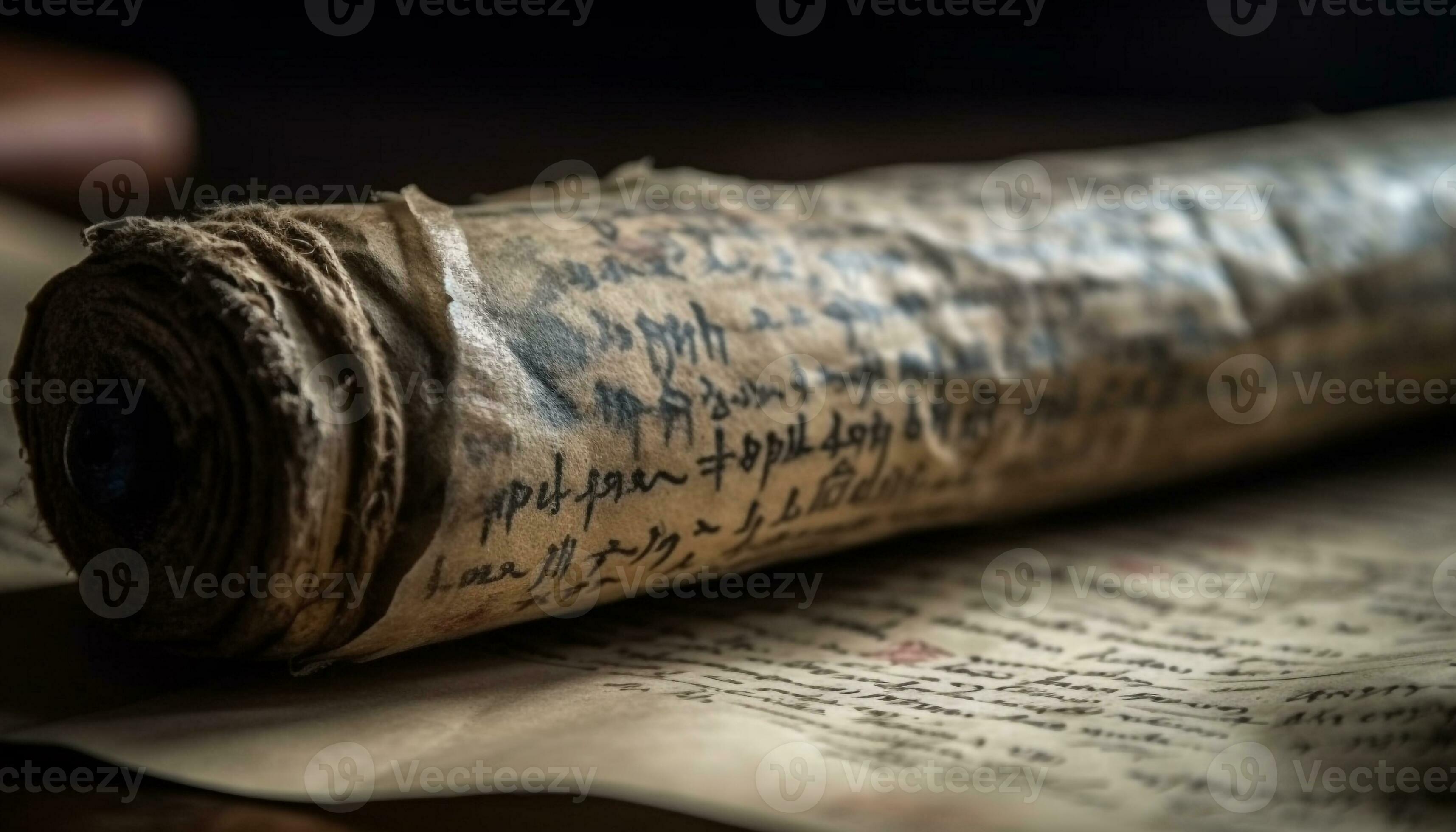 Antique parchment manuscript, selective focus on ancient Bible text
