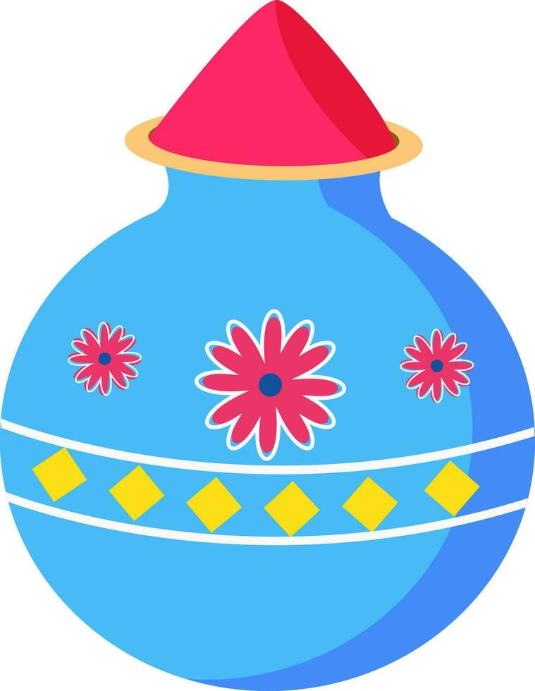 Dry holi color on flowers decorated pot. vector