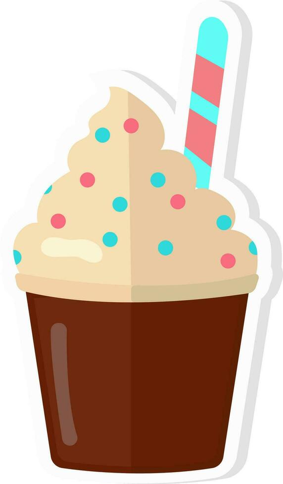 Whipped Ice Cream Cup With Waffle Stick Icon In Sticker Style. vector