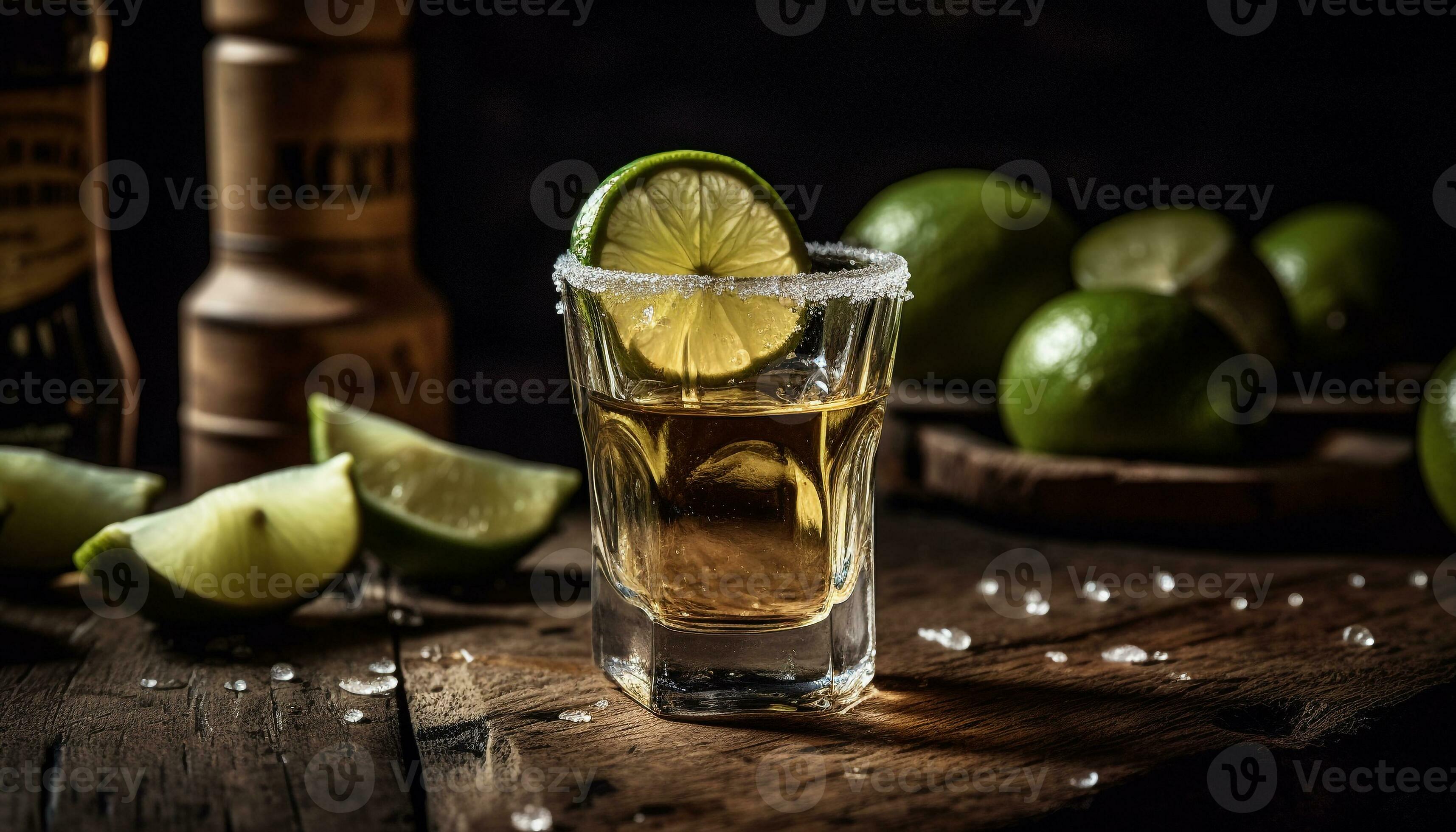 Rustic tequila cocktail with lime slice on wooden bar table generated