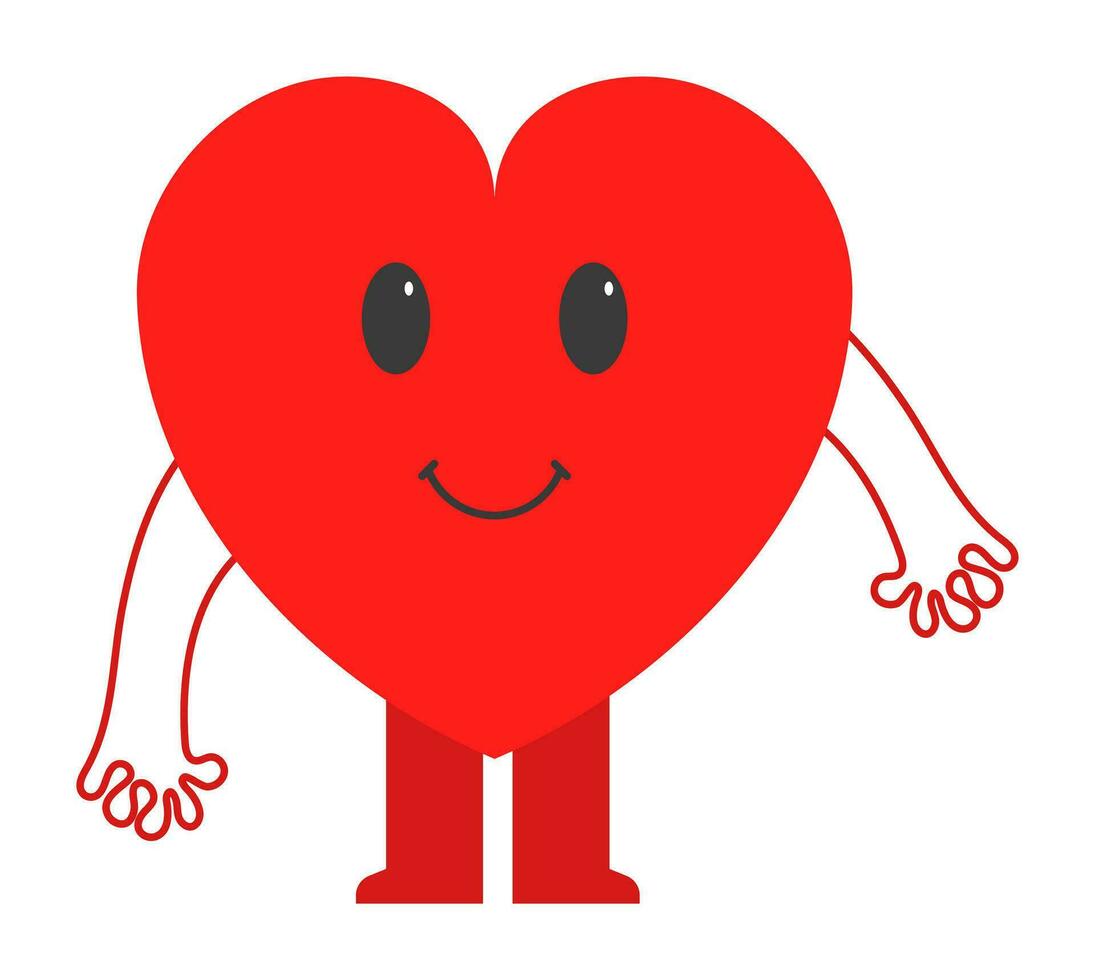 Sticker Style Cute Red Heart Cartoon In Stand Pose. vector