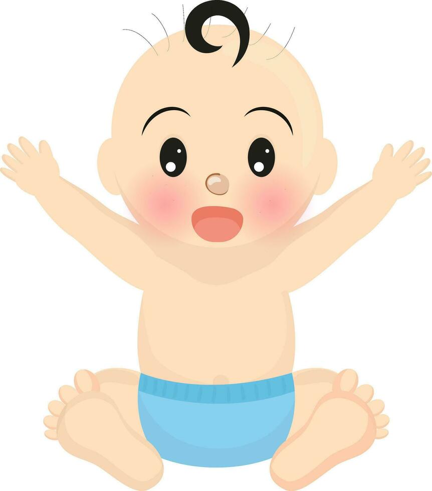 Cute baby raising hands up in sitting pose. vector