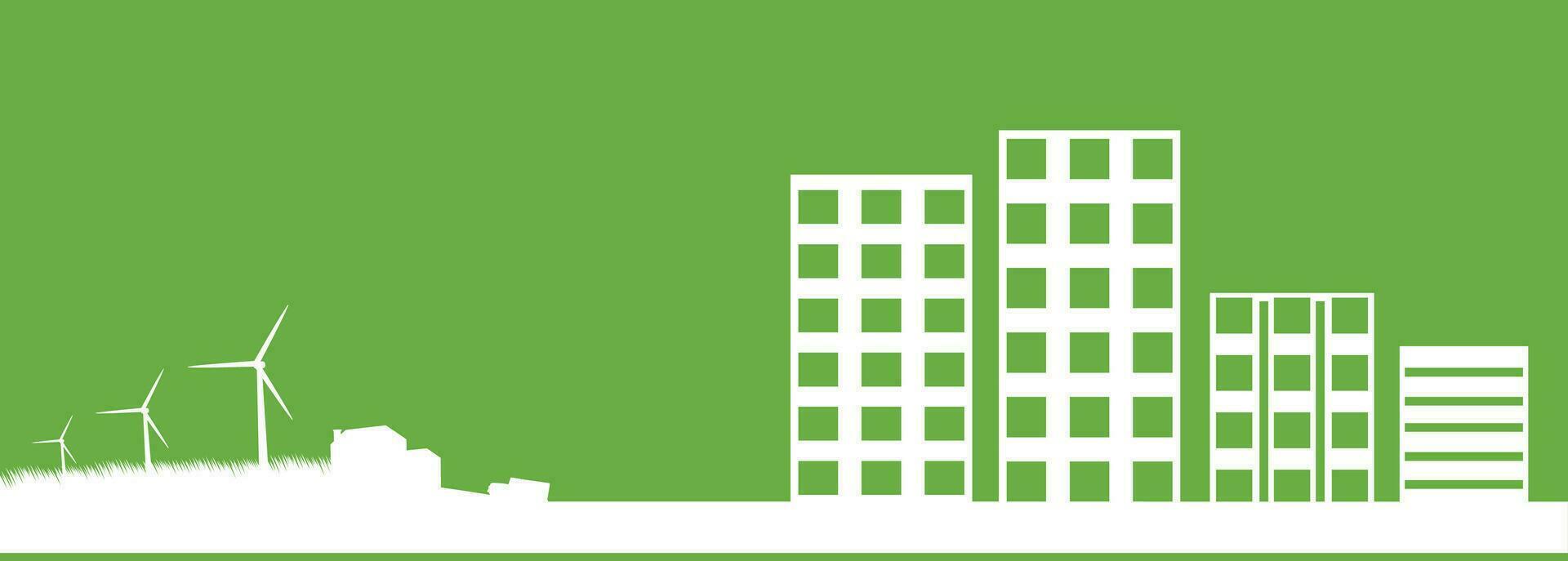 White building and windmill on green background. vector