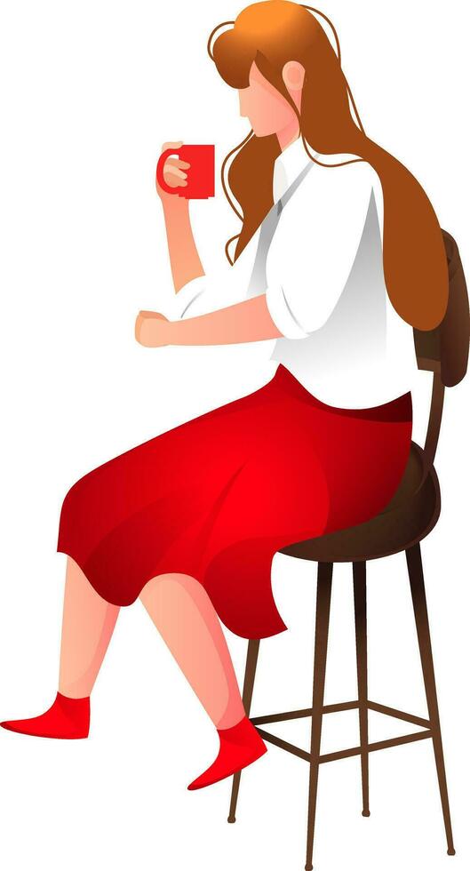 Drinking woman character sitting on chair. vector