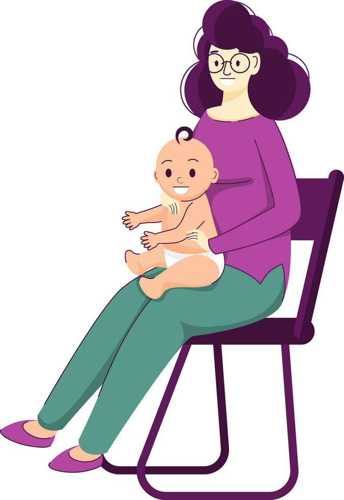 Young lady holding her child sitting on chair. vector
