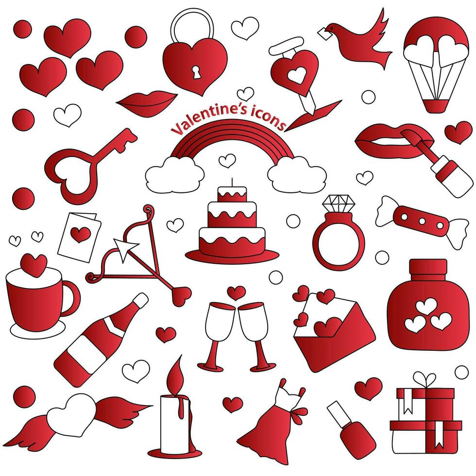 Set Of Valentine's Icon In Red And White Color. vector