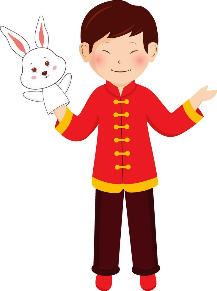Character Of Chinese Young Boy Wearing Rabbit Puppet Glove In One Hand. vector