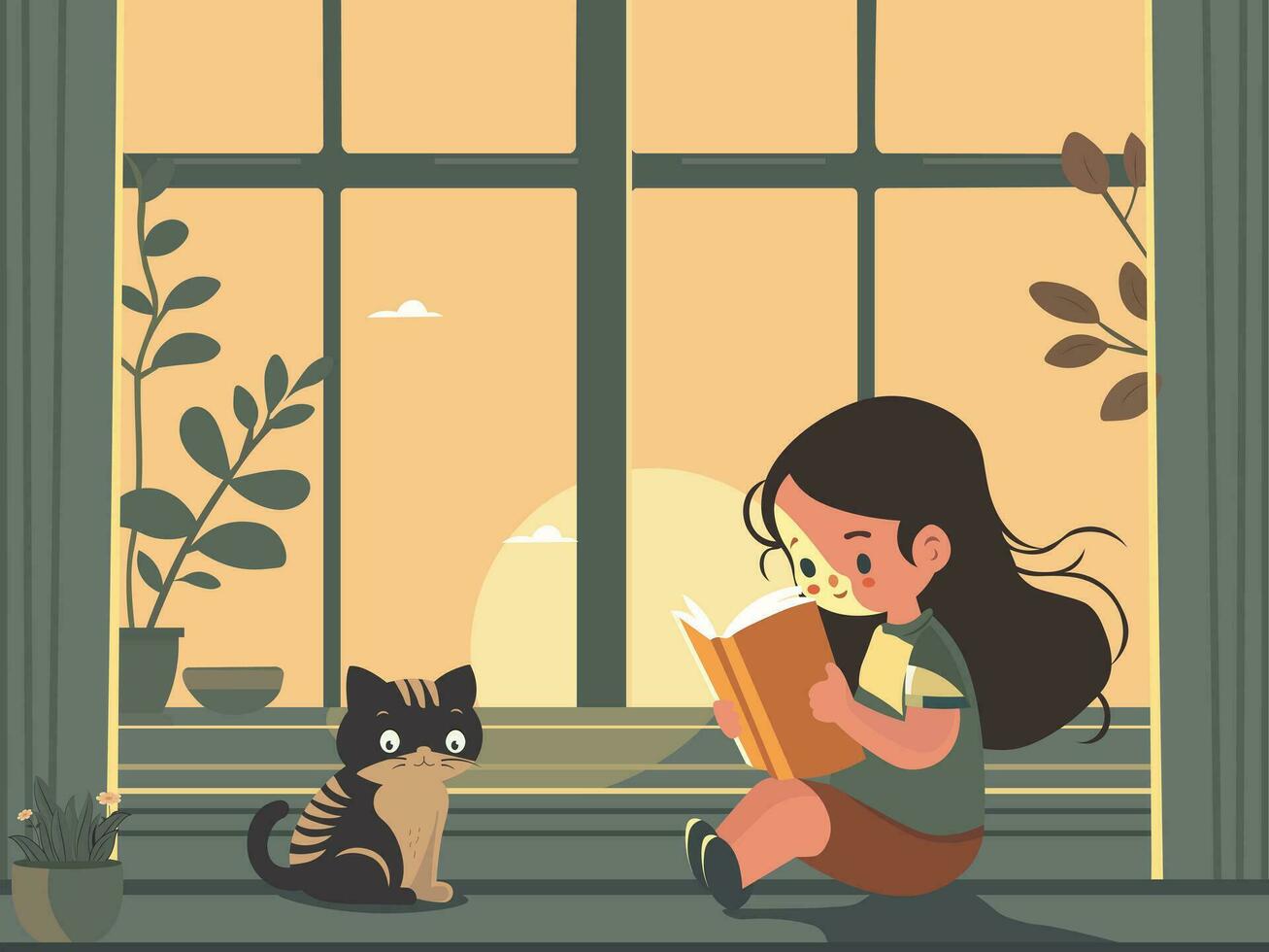 Cute Girl Character Reading A Book Near Cat Sitting And Plant Vase On Sun Window Background. vector