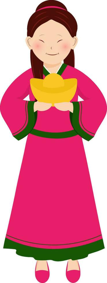 Character of Chinese Young Girl Holding Ingot In Standing Pose. vector