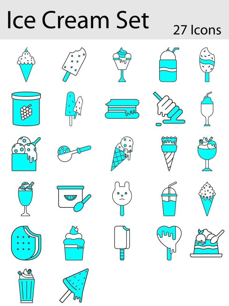 Set of Ice Cream Icon In Cyan And White Color. vector