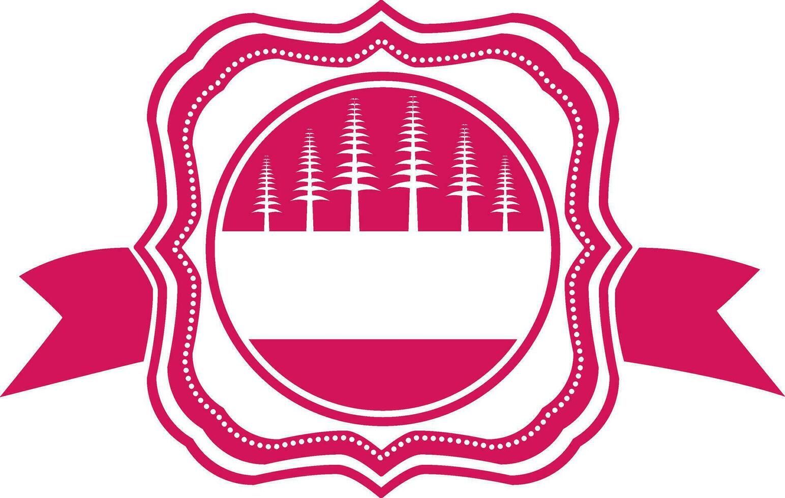 White trees in pink sticker circle with ribbon. vector