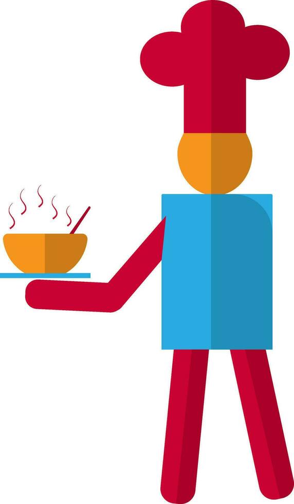 Character of chef wearing red hat and holding hot bowl with spoon. vector