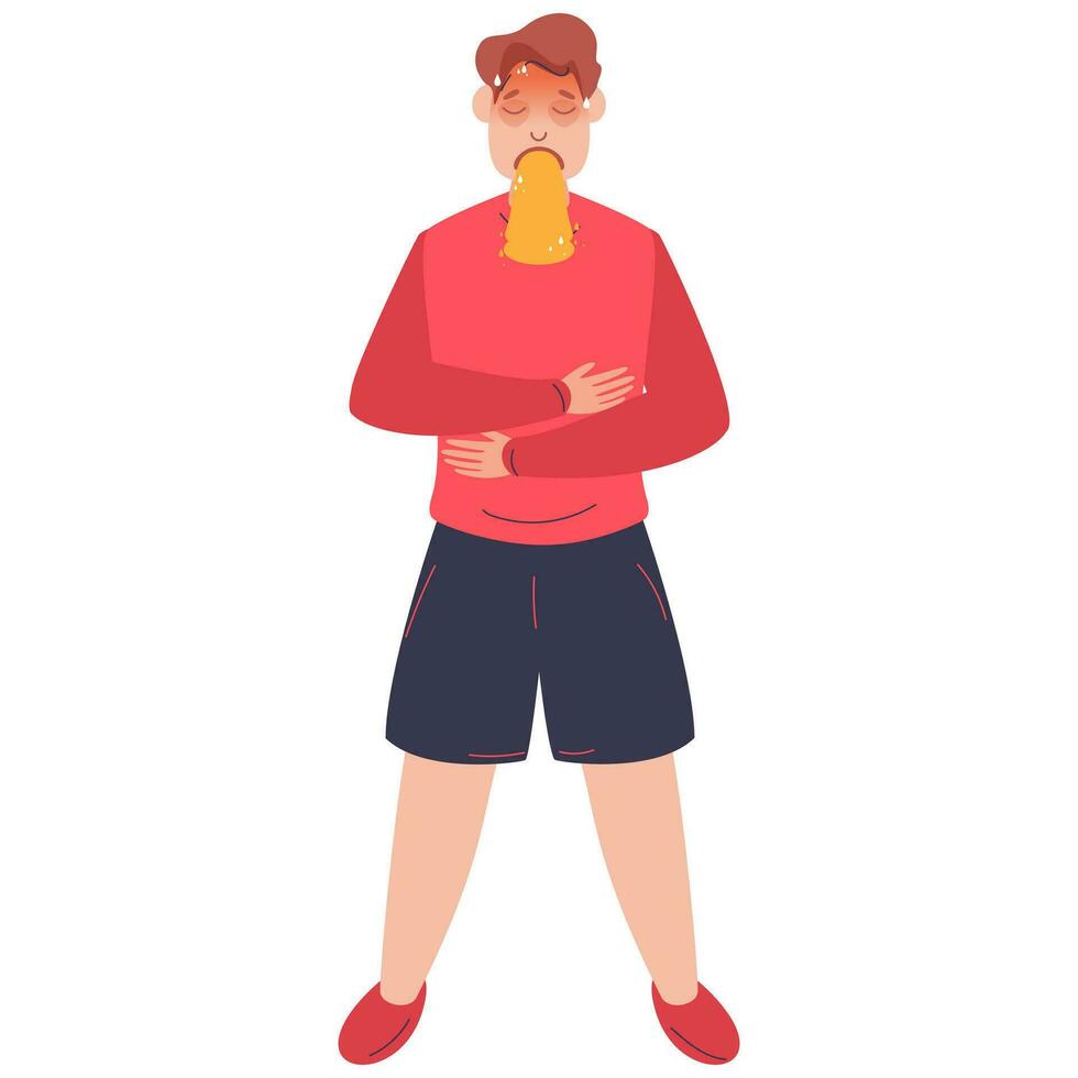 Character of Young Man Vomiting While Standing on White Background. vector