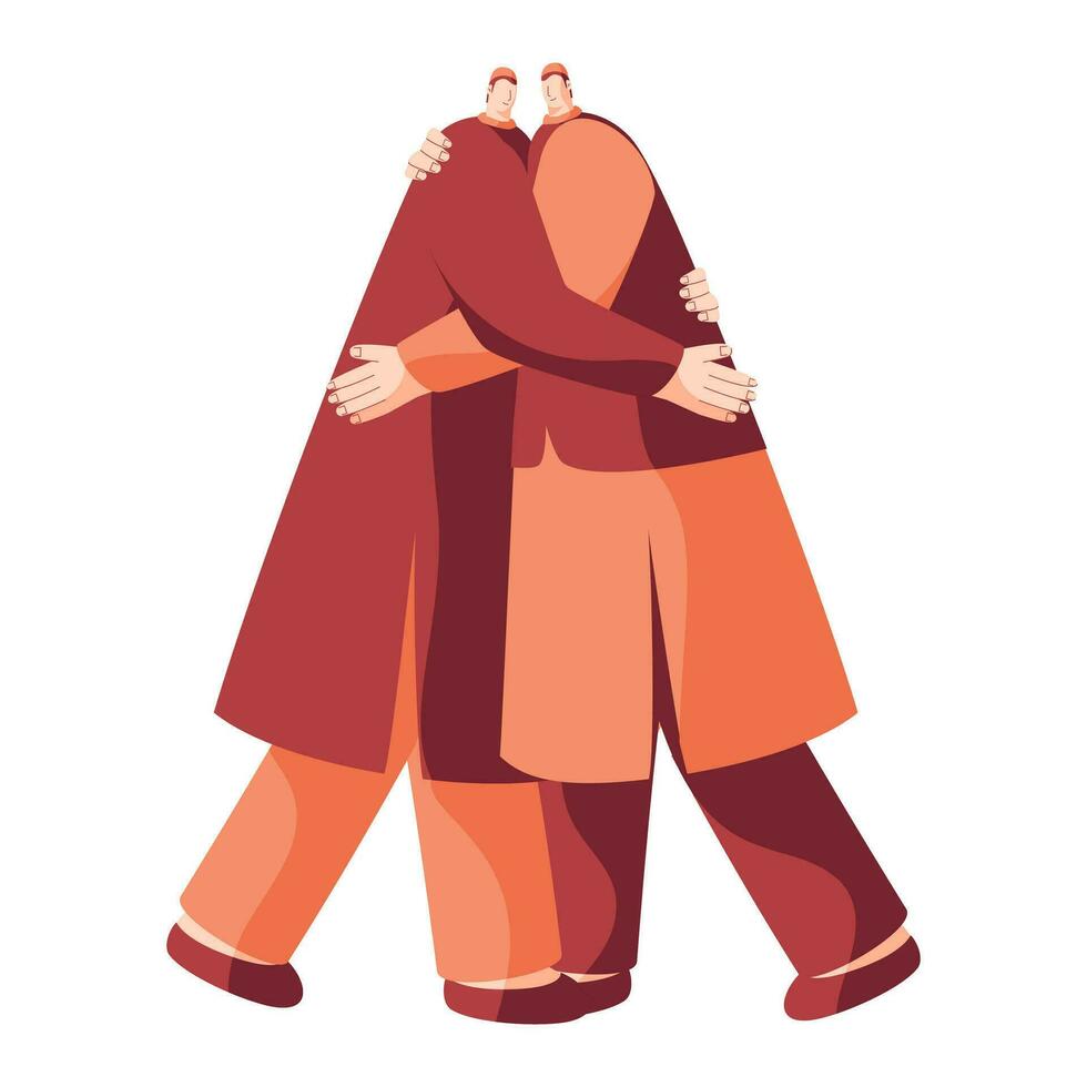 Muslim Men Hugging Each Other on White Background. vector