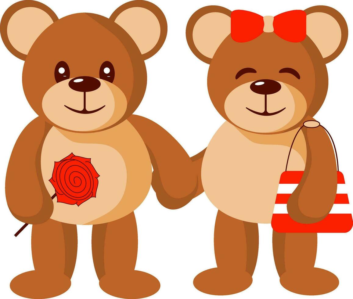 Lovely Couple Of Teddy Bear Icon In Red And Brown Color. vector