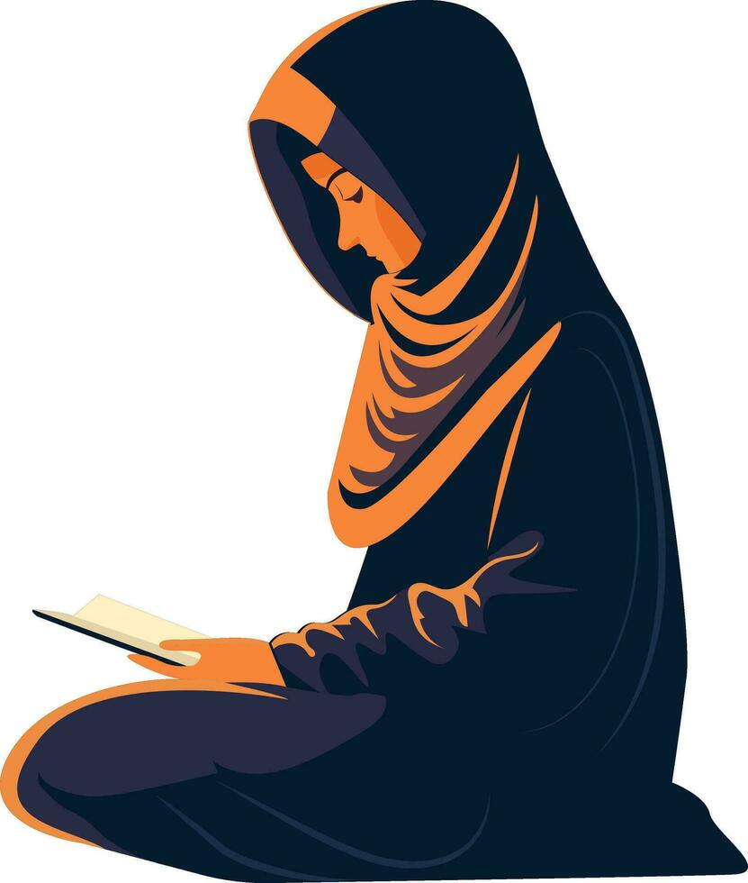 Illustration of Young Muslim Woman Reading Quran Book In Sitting Pose. vector