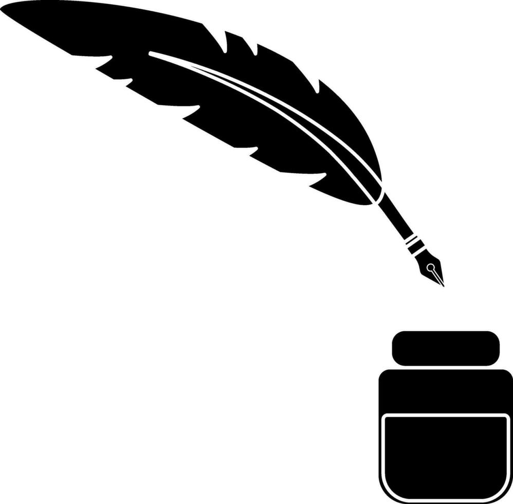 Feather pen with inkwell in illustration. vector