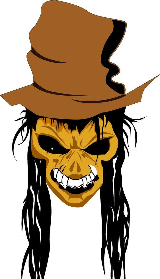 Scary skull face wearing hat with long black hair. vector