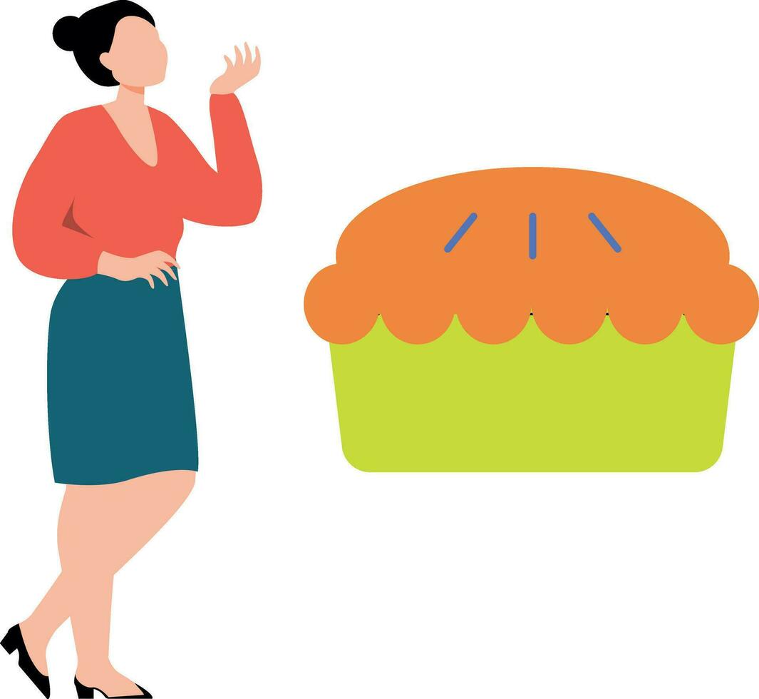 The girl is looking at the pie cake. vector