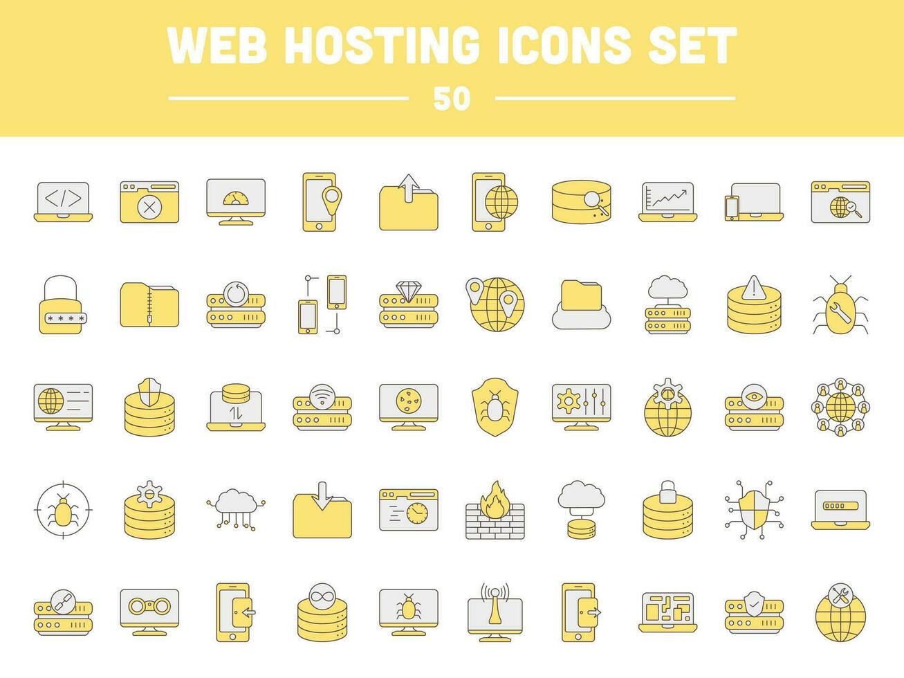 Grey And Yellow Web Hosting Flat Icon Set. vector