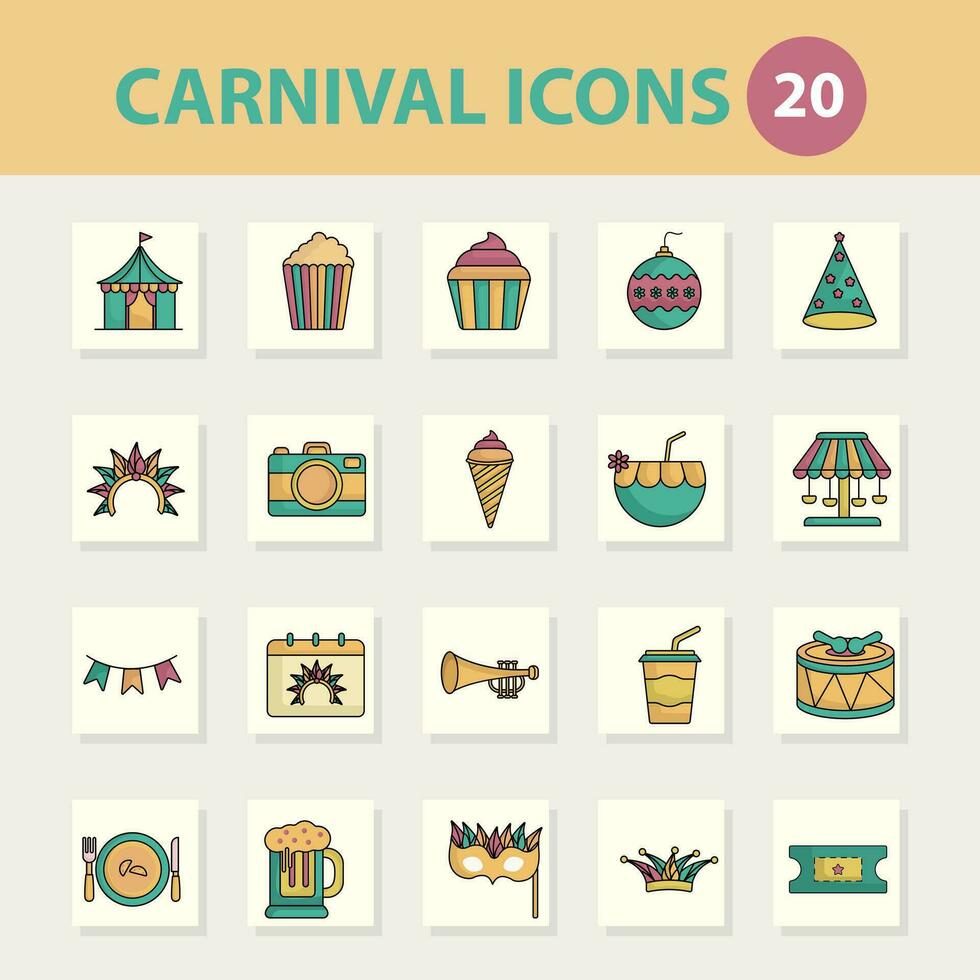 plano estilo carnaval festival 20 icono conjunto en cuadrado antecedentes. vector