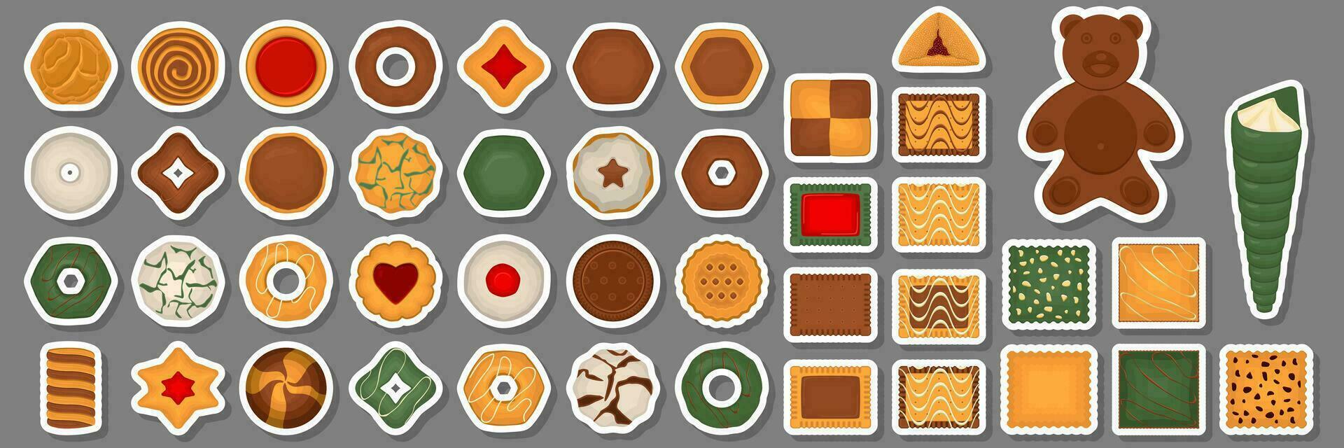 gran juego de galletas caseras de diferentes sabores en galletas de pastelería vector