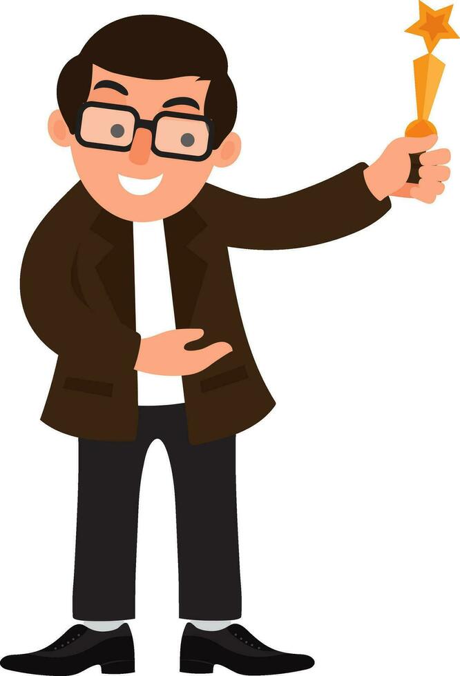 Happy businessman holding trophy. vector