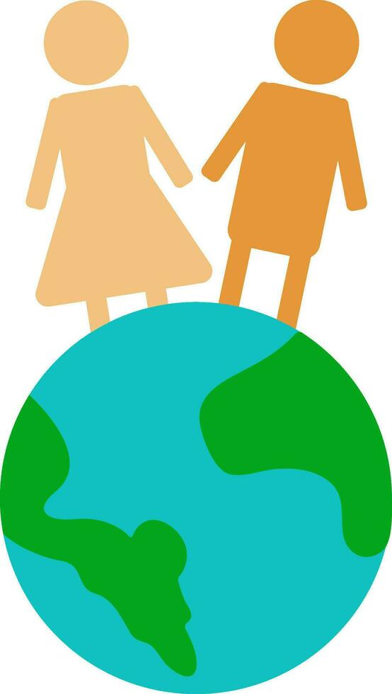 Colorful icon of male and female joining hands around earth. vector