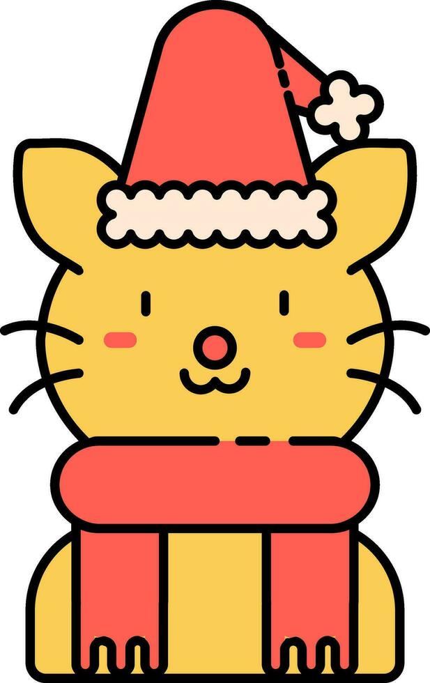 Isolated Cute Cat Wearing Santa Cap And Scarf Icon In Flat Style. vector
