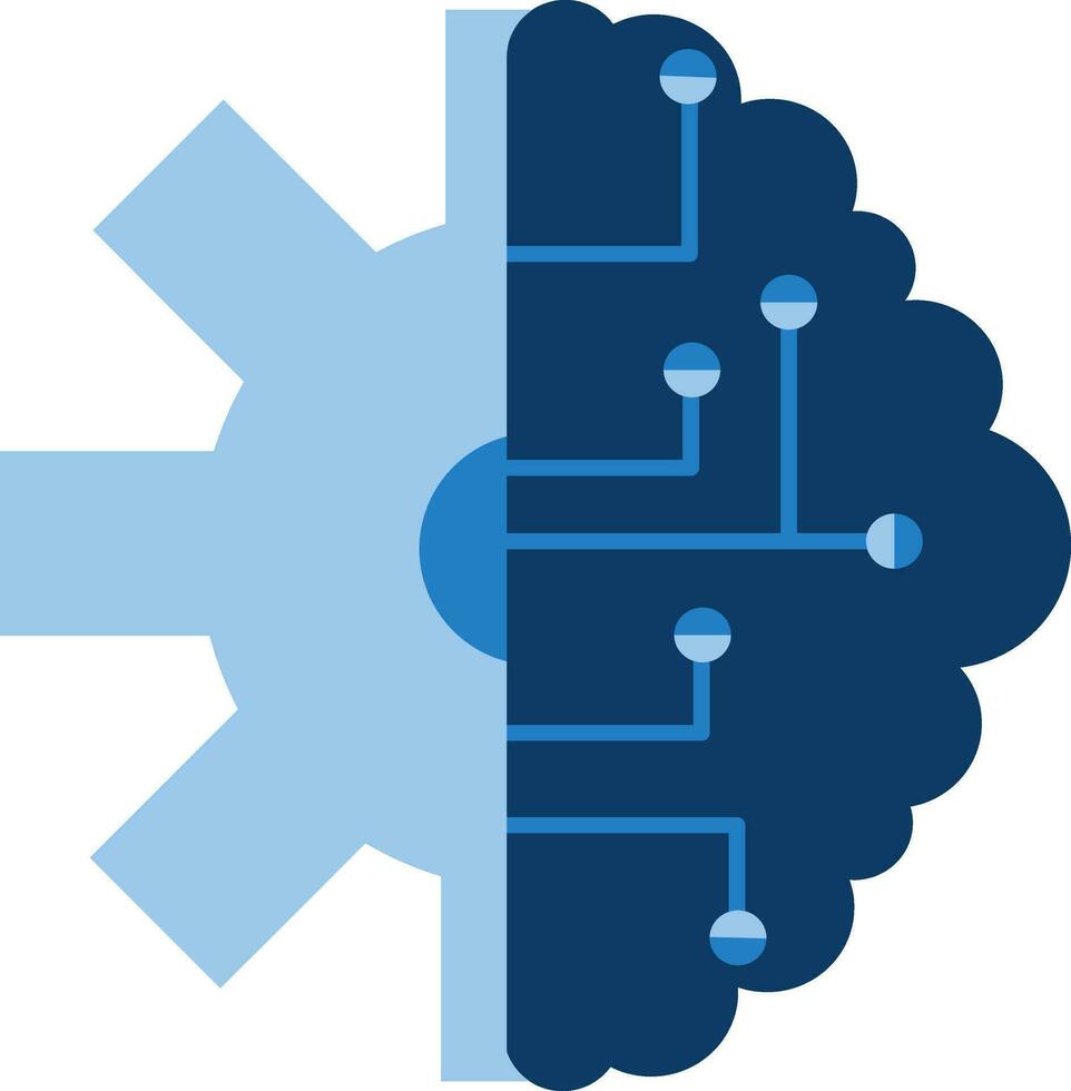 Flat Brain With Cogwheel Icon In Blue Color. vector