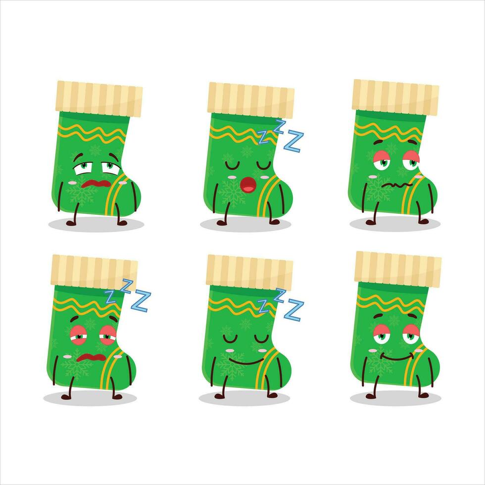 Cartoon character of green christmas socks with sleepy expression vector