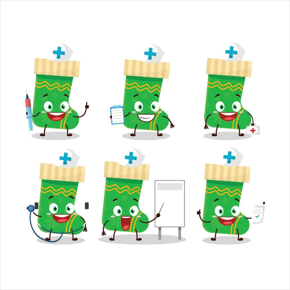 Doctor profession emoticon with green christmas socks cartoon character vector