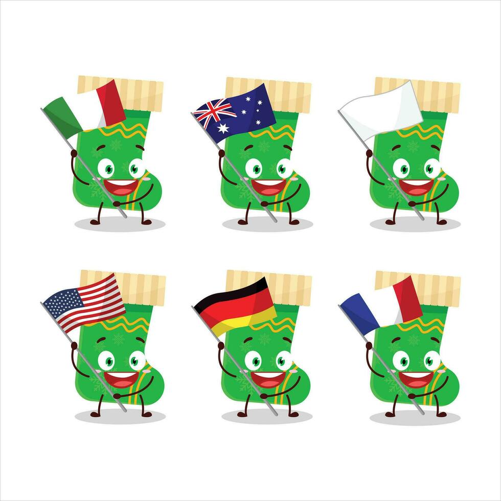 Green christmas socks cartoon character bring the flags of various countries vector