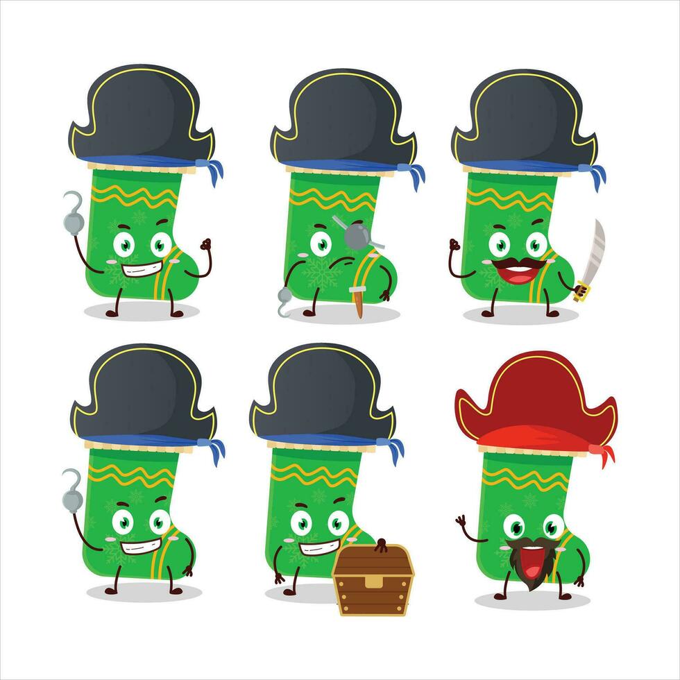Cartoon character of green christmas socks with various pirates emoticons vector