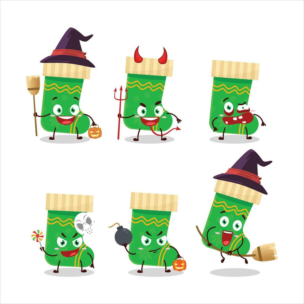 Víspera de Todos los Santos expresión emoticones con dibujos animados personaje de verde Navidad calcetines vector