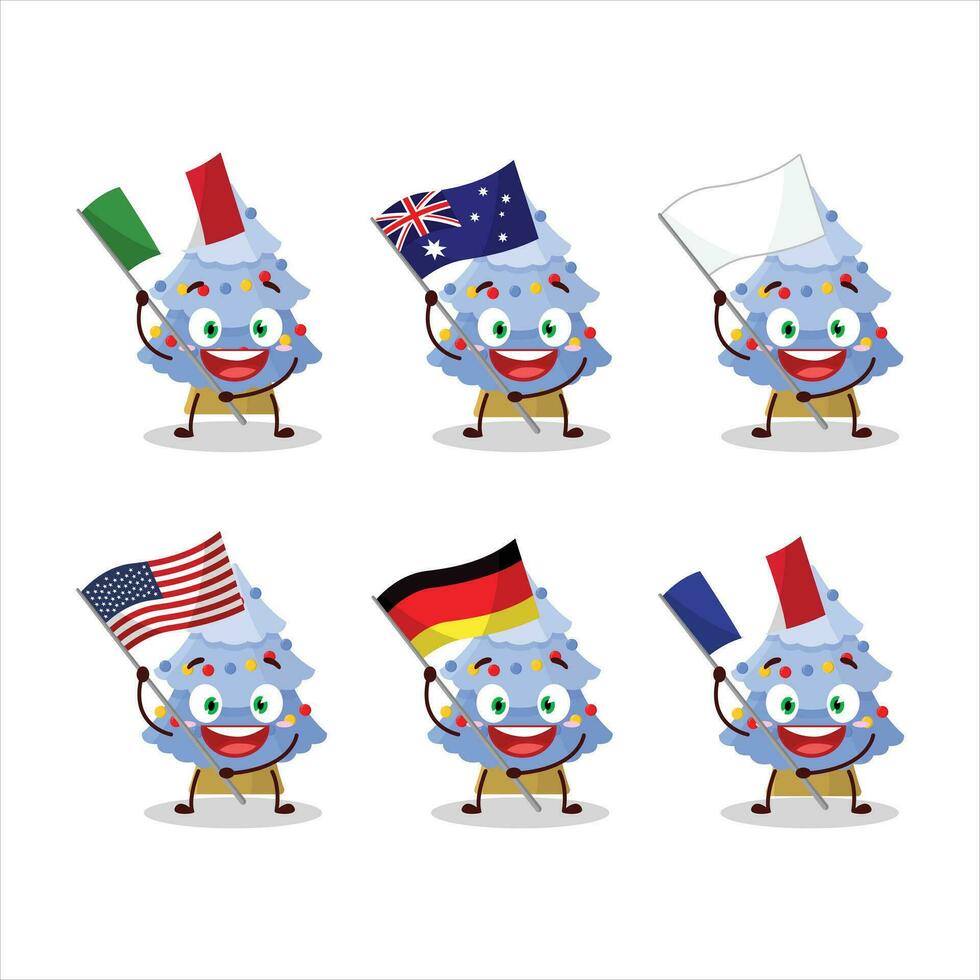 Blue christmas tree cartoon character bring the flags of various countries vector