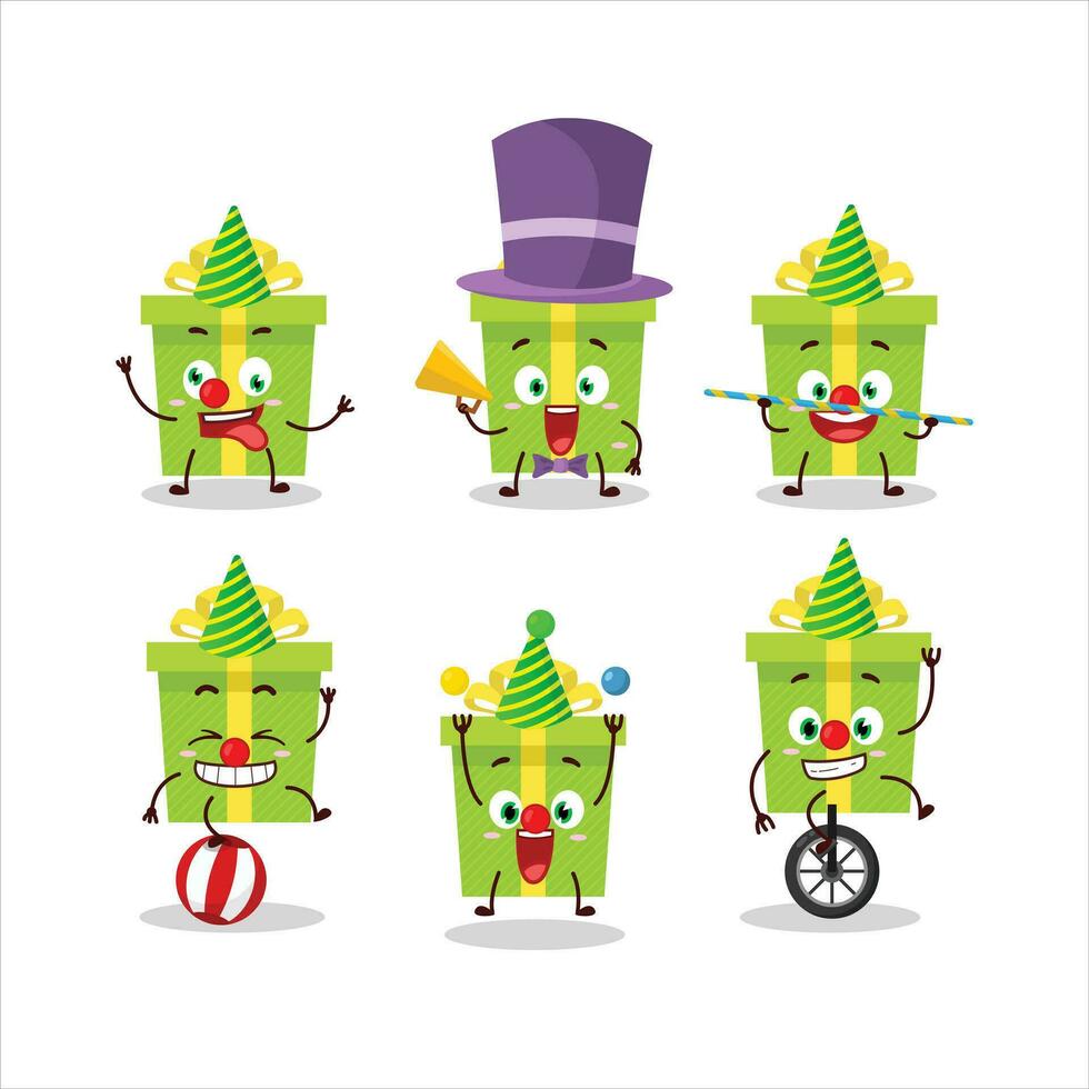 Cartoon character of green christmas gift with various circus shows vector