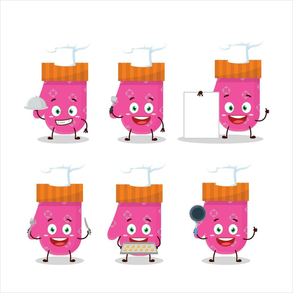 Cartoon character of pink gloves with various chef emoticons vector