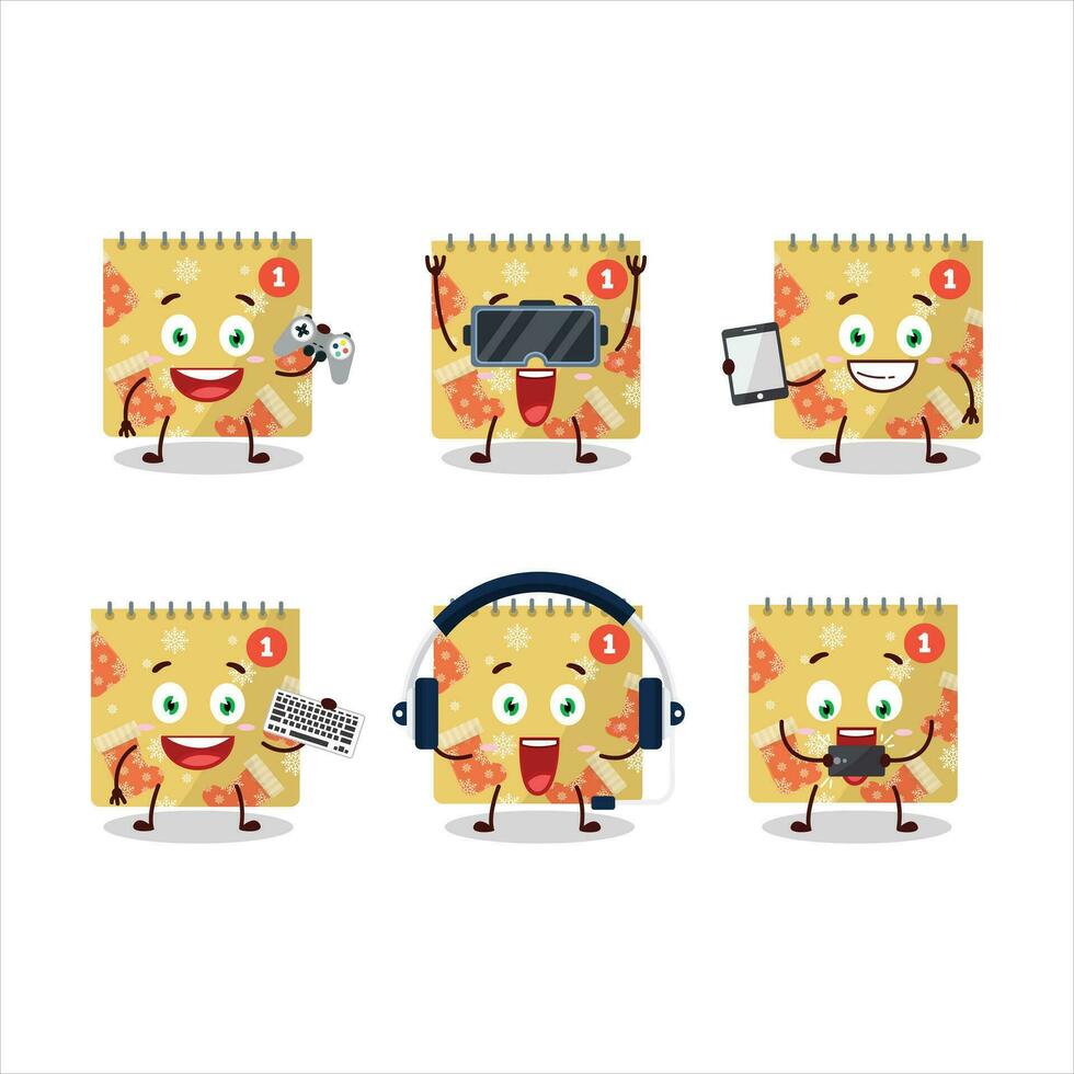1st december calendar cartoon character are playing games with various cute emoticons vector