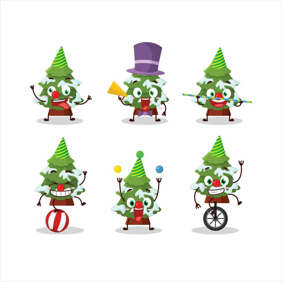 Cartoon character of green snow christmas tree with various circus shows vector