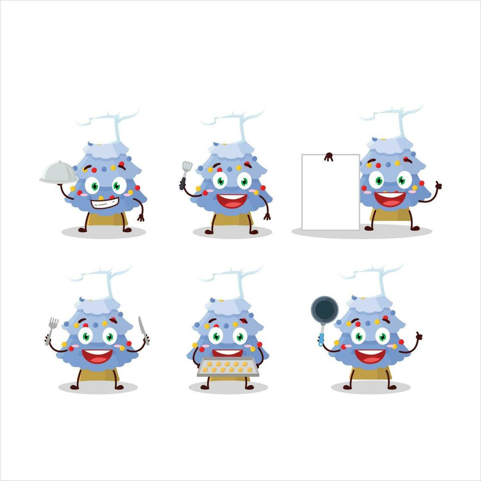 dibujos animados personaje de azul Navidad árbol con varios cocinero emoticones vector