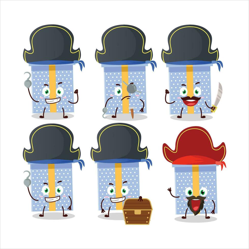 dibujos animados personaje de azul Navidad regalo con varios piratas emoticones vector