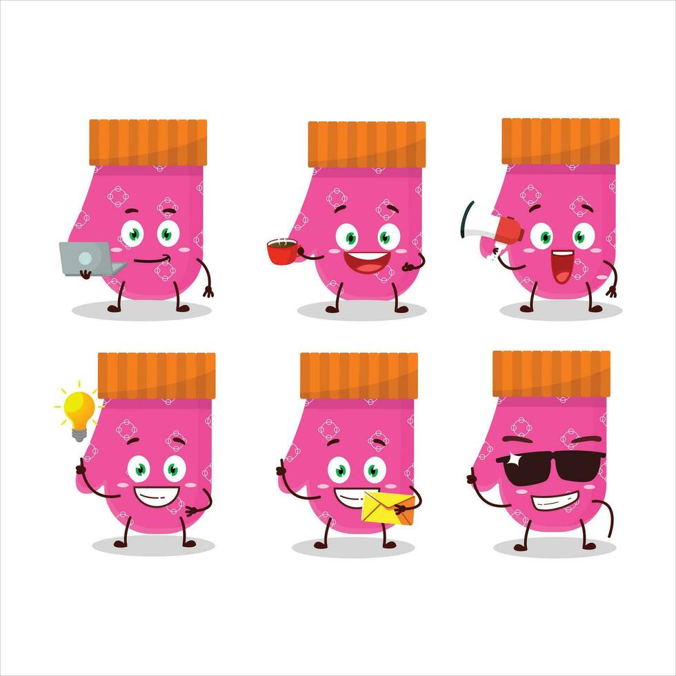 Pink gloves cartoon character with various types of business emoticons vector