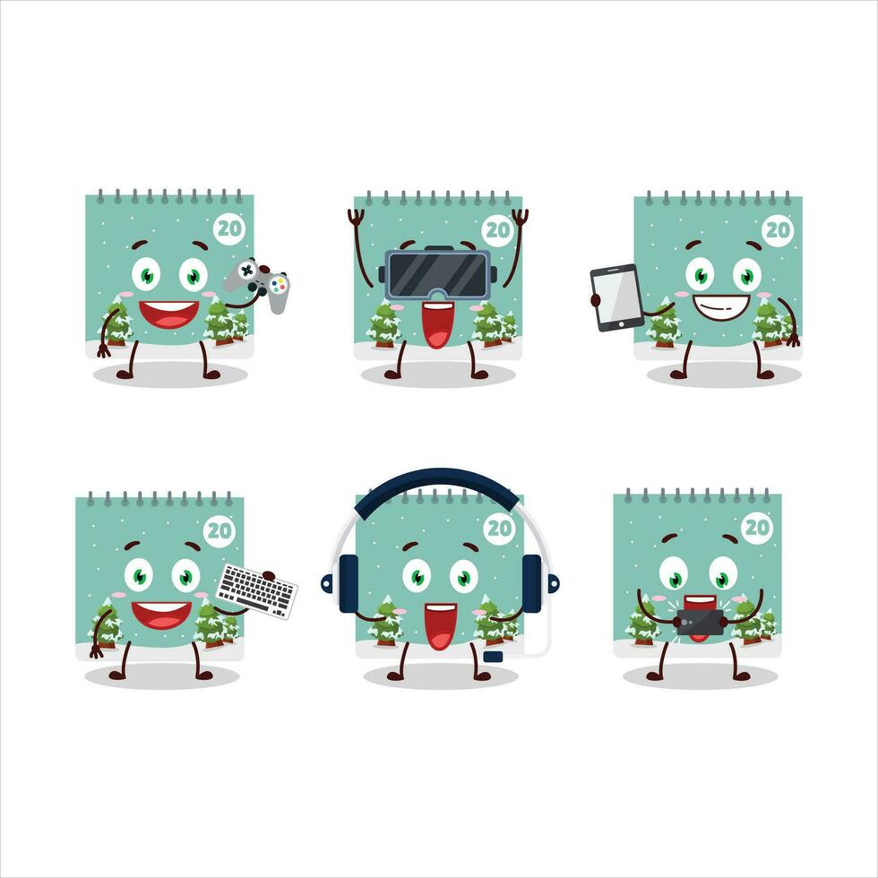 20th december calendar cartoon character are playing games with various cute emoticons vector