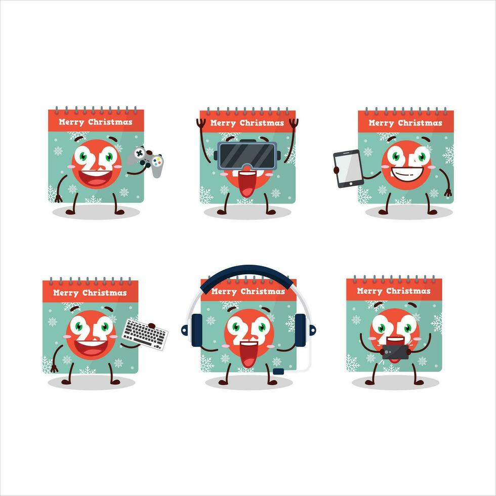 25th december calendar cartoon character are playing games with various cute emoticons vector
