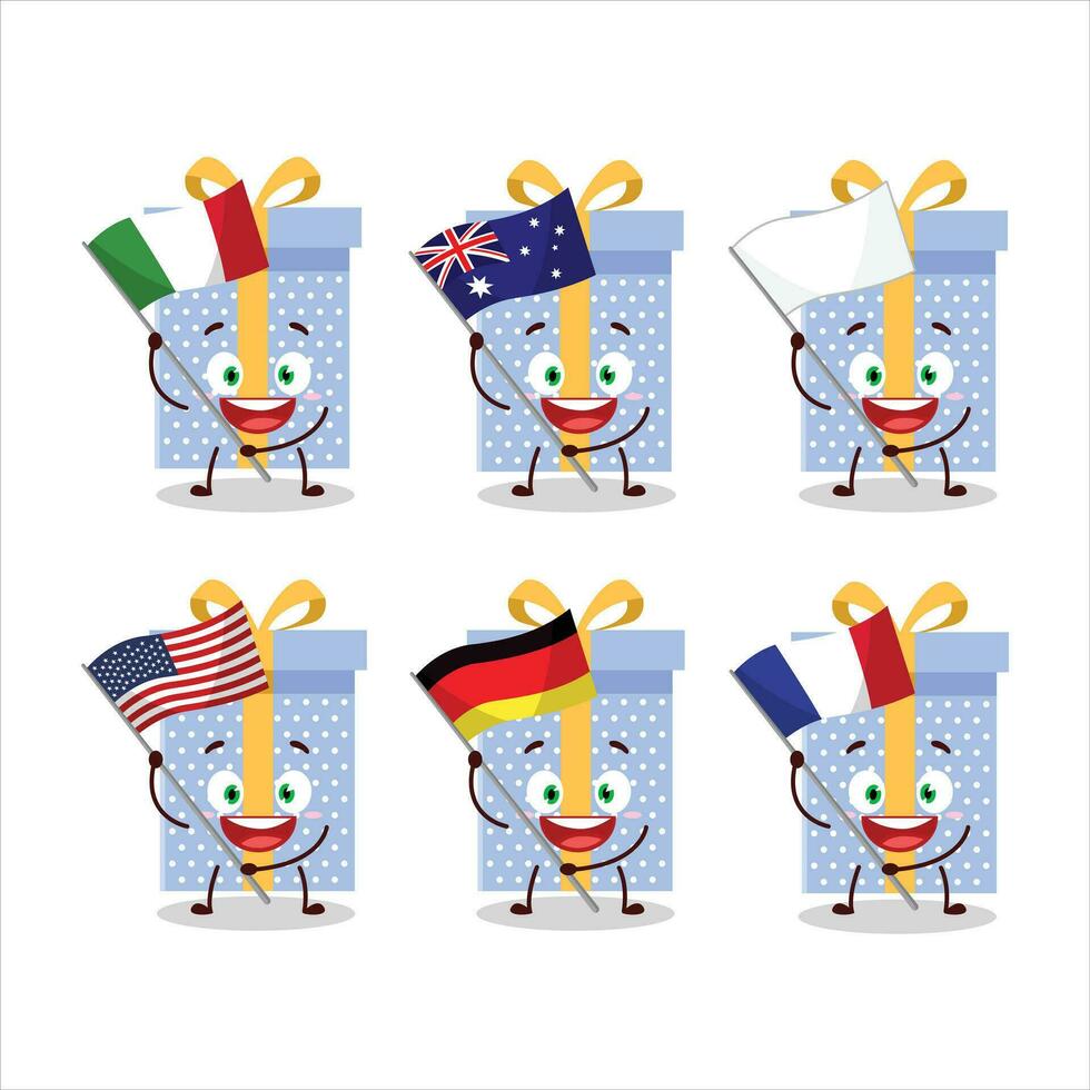 Blue christmas gift cartoon character bring the flags of various countries vector