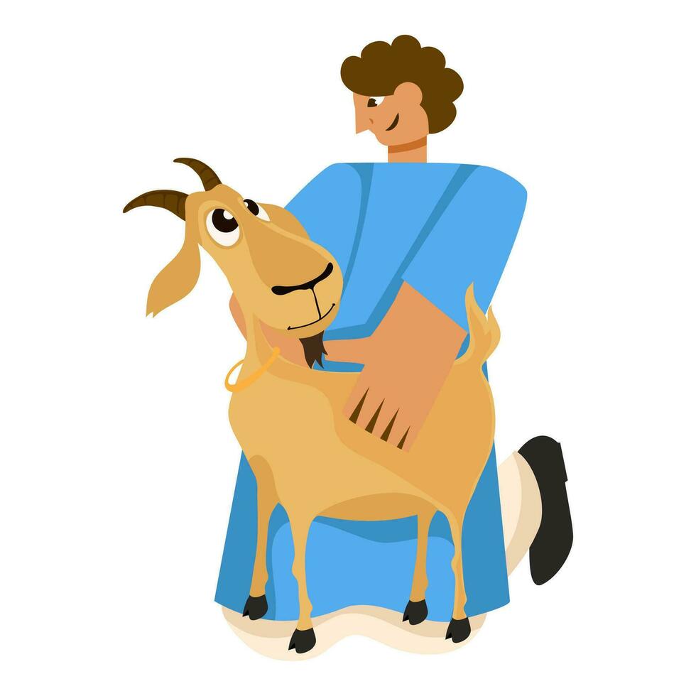 Cartoon Islamic Man Holding Goat Animal In Sitting Pose Against White Background. vector