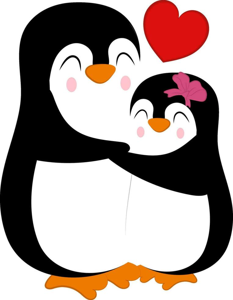 Cute Loving Penguin Couple Hugging With Heart On White Background. vector